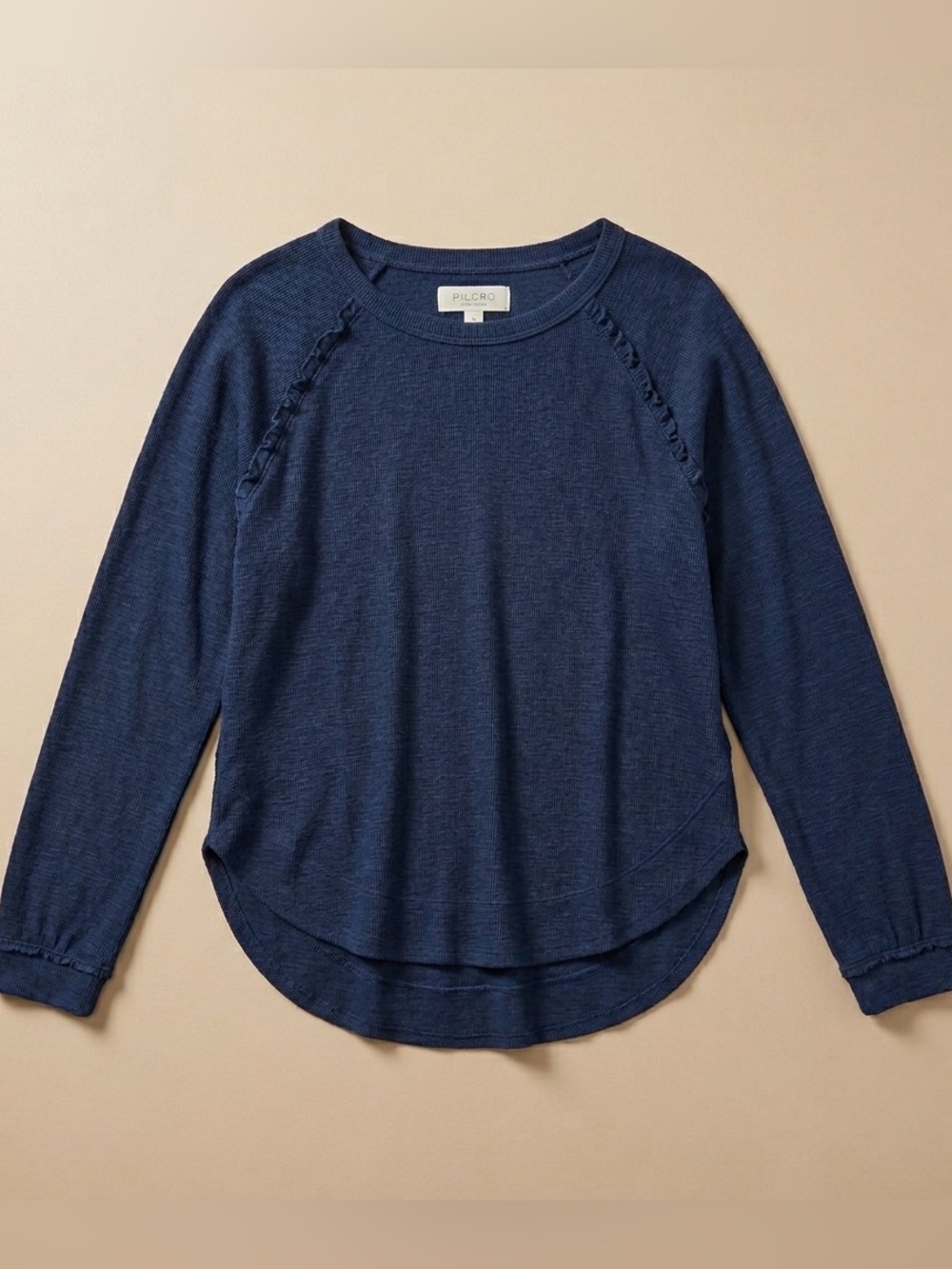 Pilcro by Anthropologie Navy Blue Ruffle Detail Long Sleeve Top Size Small